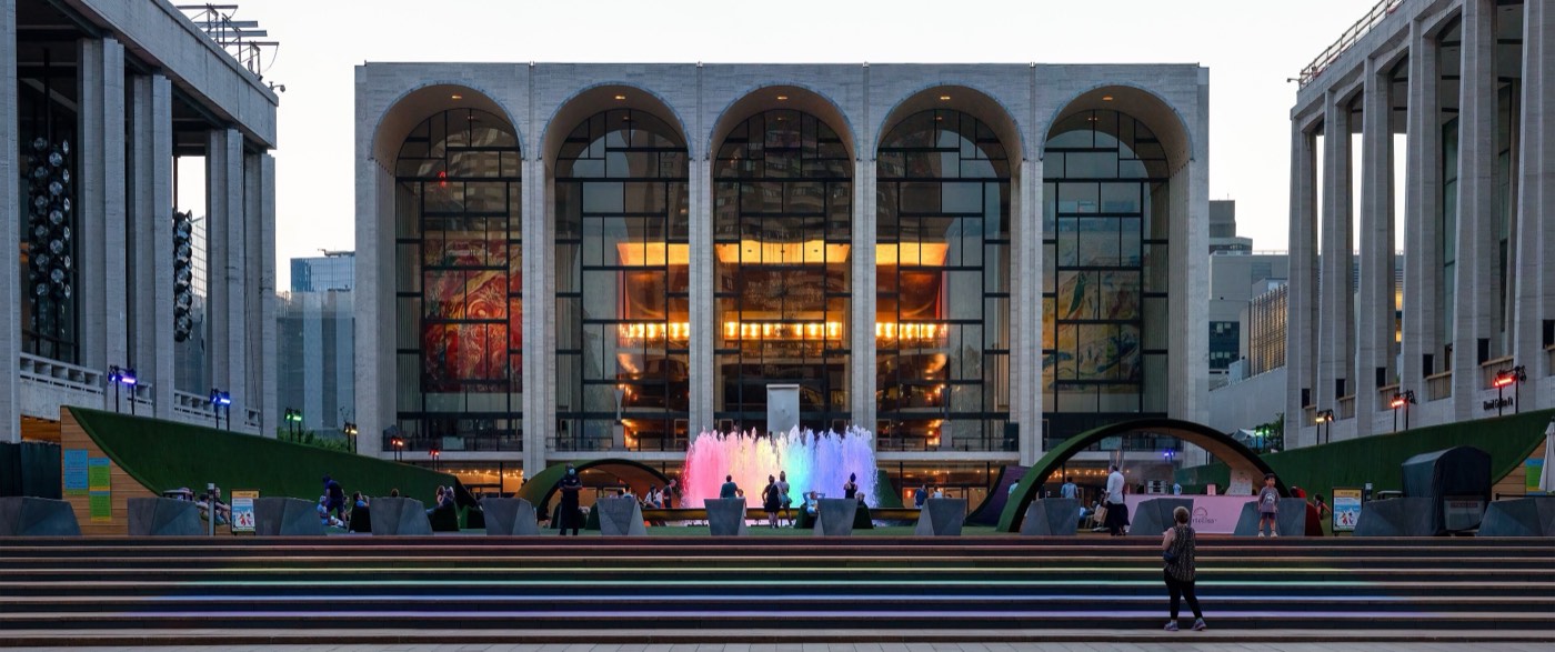 Lincoln Center plaza at dusk